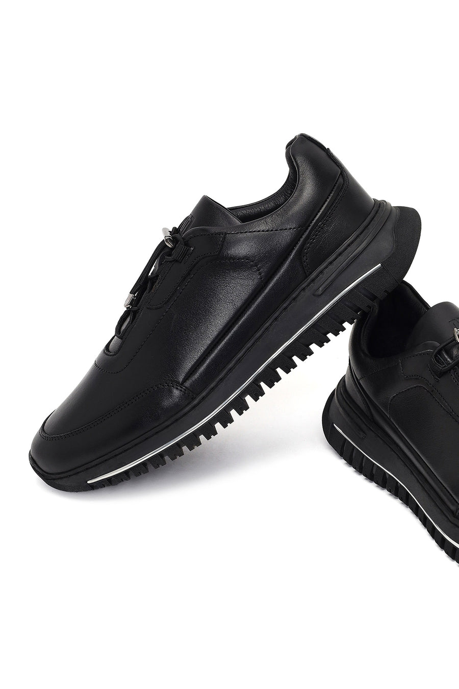 Erkek Siyah Bağcıklı Kalın Tabanlı Deri Casual Sneaker