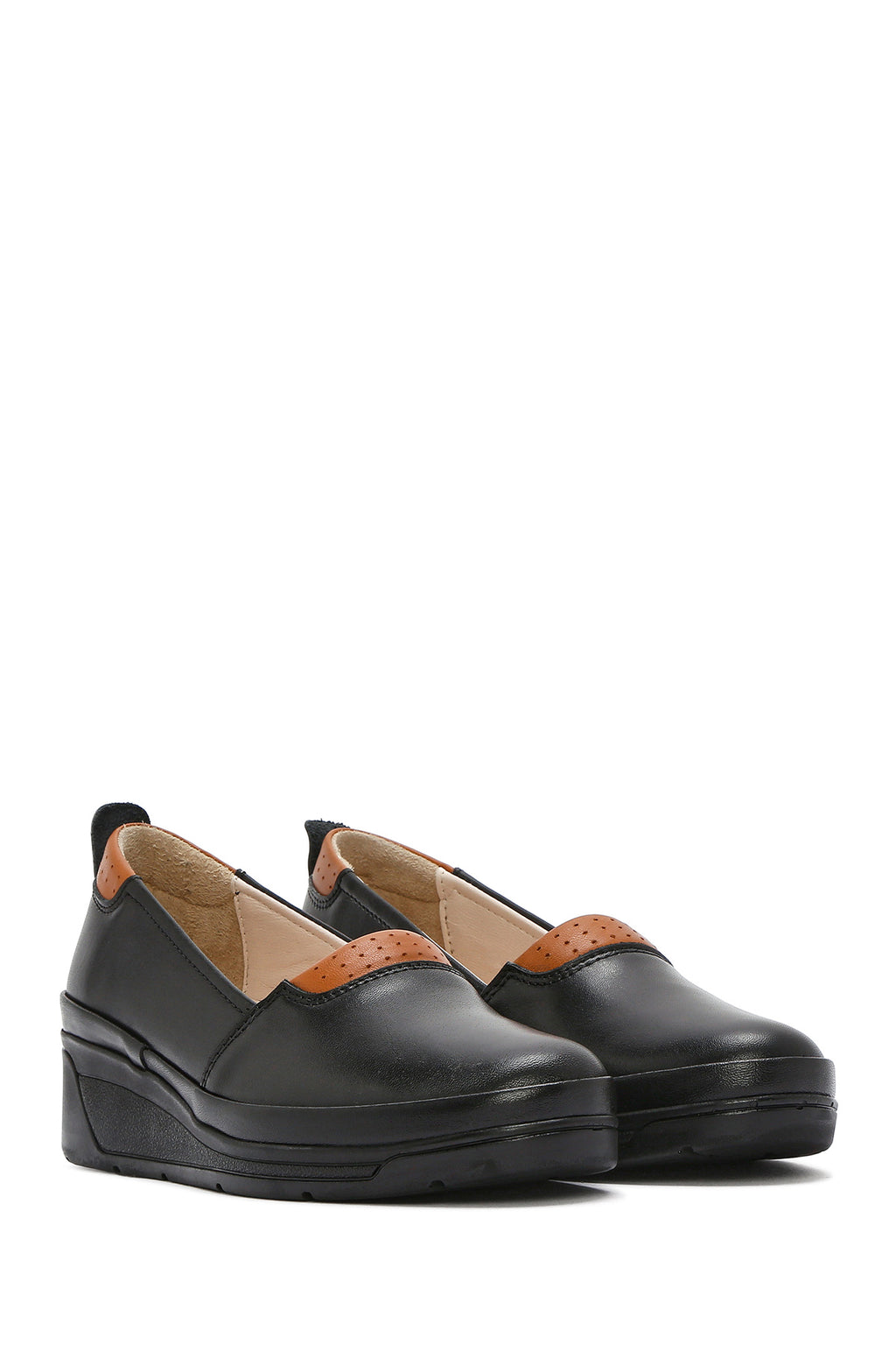Kadın Siyah Dolgu Topuklu Deri Comfort Loafer