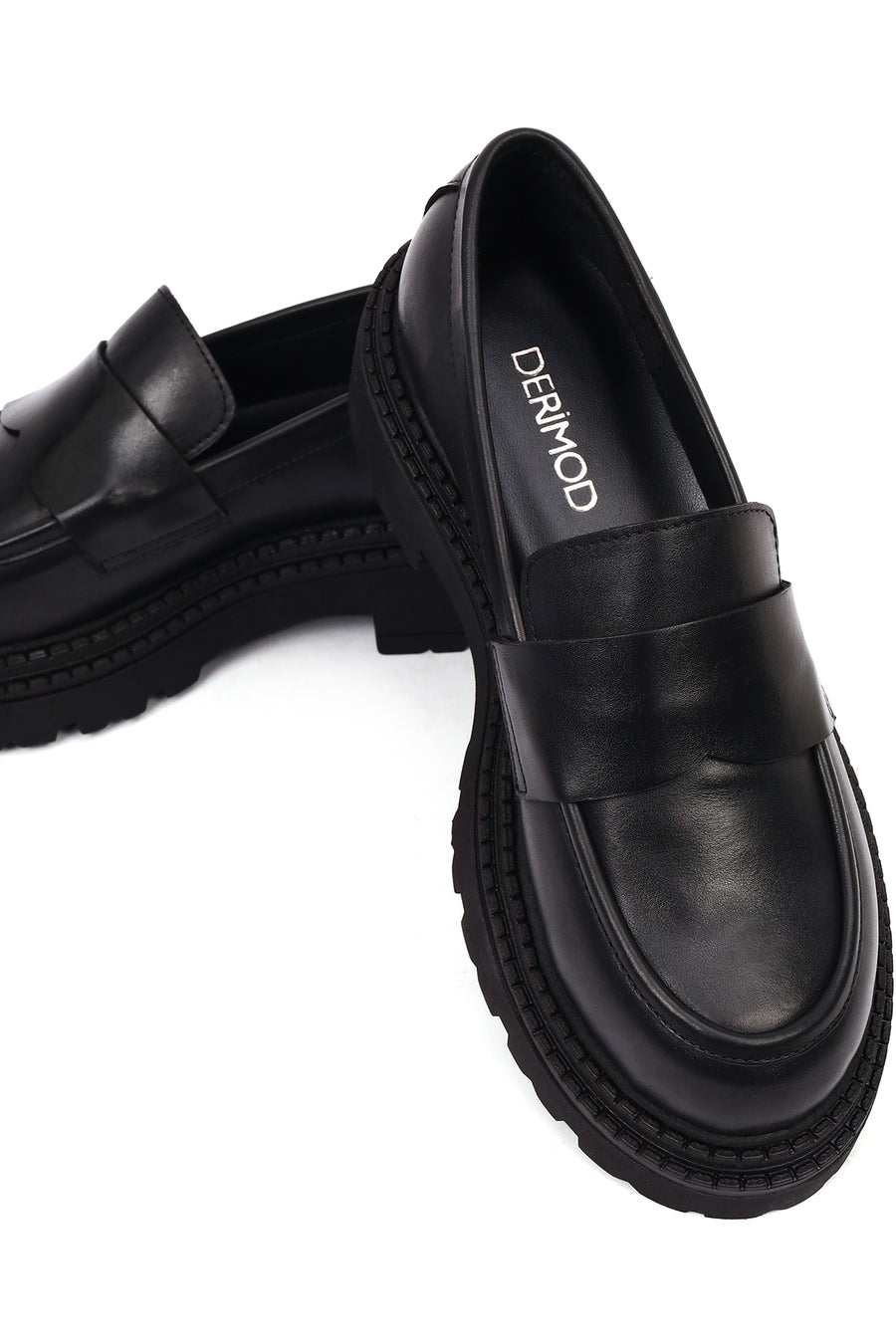 Kadın Siyah Kalın Tabanlı Deri Maskülen Loafer
