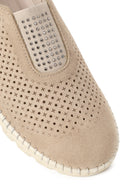 Woman Beige Stone-Embellished Suede Comfort Shoes | Derimod