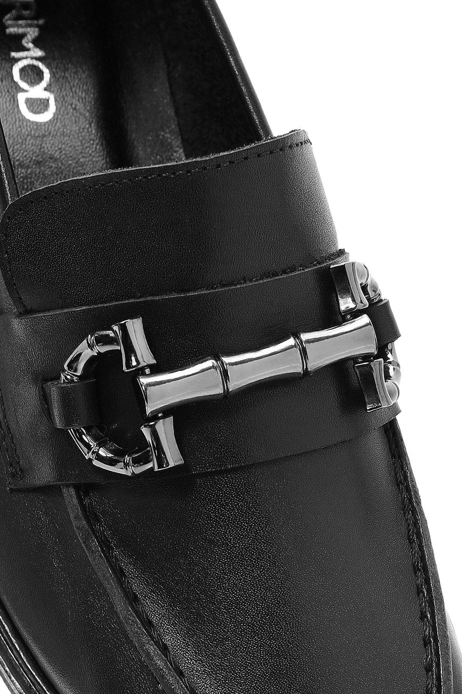 Women's Black Buckle Detailed Leather Masculine Loafer