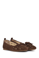 Women's Brown Patterned Suede Leather Ballet Flats | Derimod