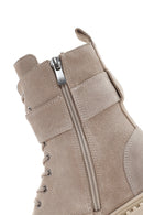 Women's Beige Thick Soled Suede Leather Zippered Boots | Derimod