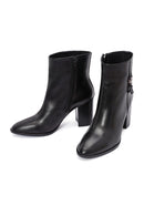 Women's Black Zippered Thick Heeled Leather Boots | Derimod