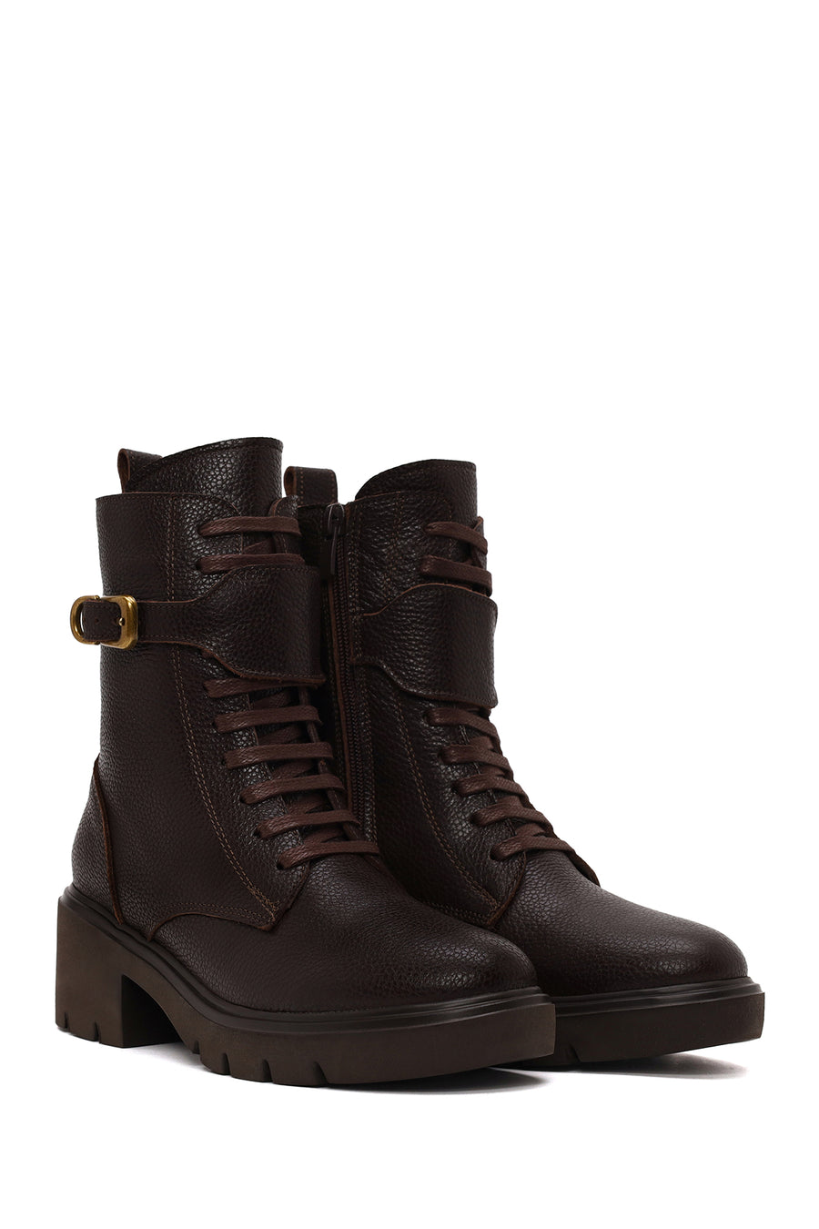 Woman Brown Zip Closure Thick-Heeled Leather Combat Boots