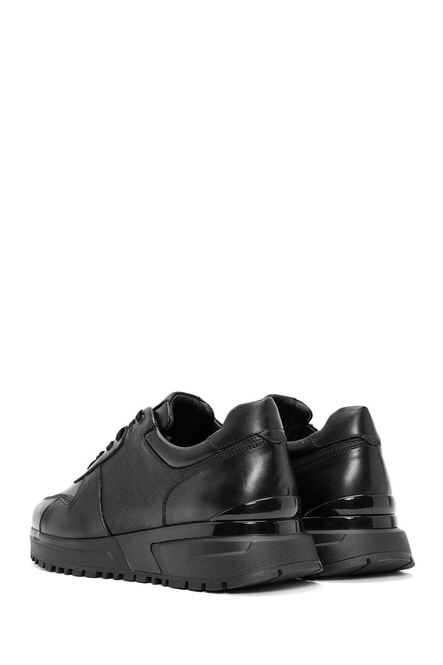 Erkek Siyah Bağcıklı Kalın Tabanlı Deri Sneaker