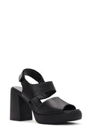 Women's Black Ankle Strap Thick Heeled Leather Sandals | Derimod