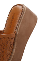 Women's Tan Wedge Heeled Leather Comfort Slippers | Derimod