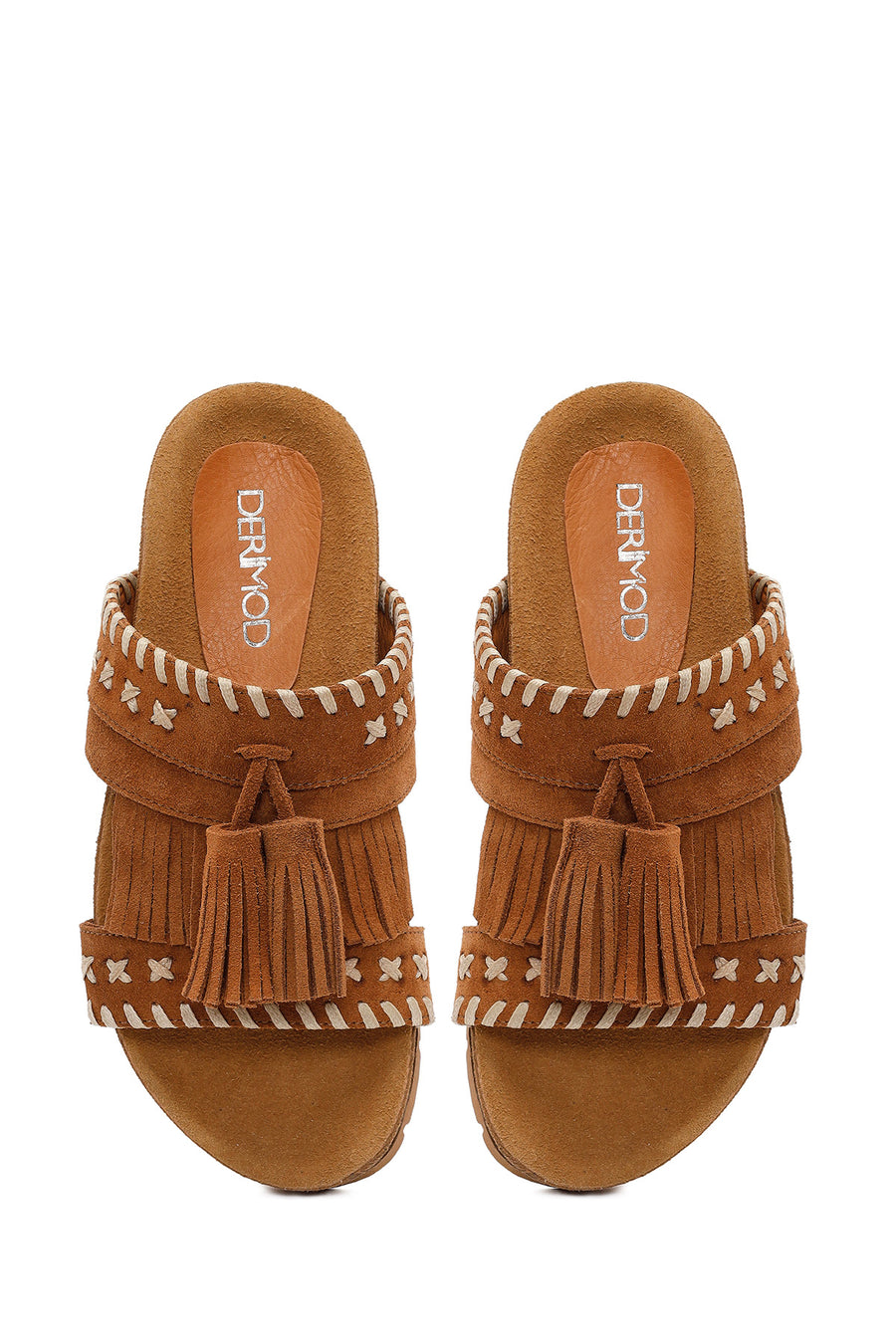 Women's Tan Tassel Suede Leather Slippers