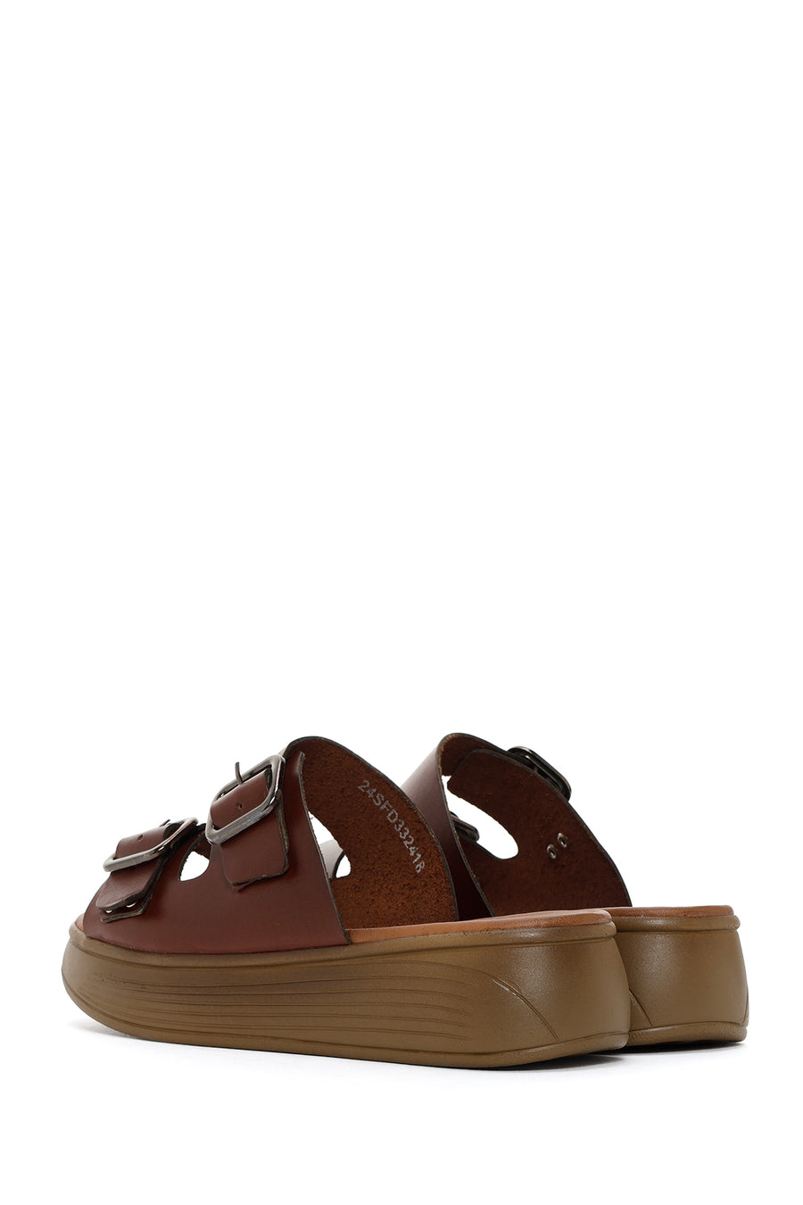 Women's Brown Thick Sole Buckle Leather Slippers