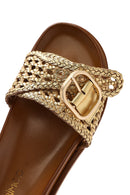 Women's Gold Buckled Straw Leather Slippers | Derimod
