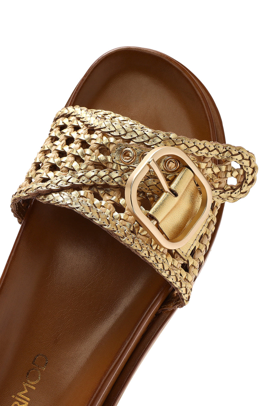 Women's Gold Buckled Straw Leather Slippers