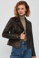 Newyork Kadın Kahverengi Vintage Biker Deri Ceket | Derimod