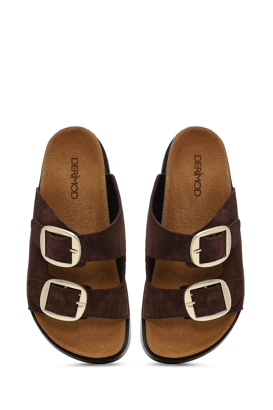 Women's Brown Double Buckle Thick Sole Suede Leather Slippers