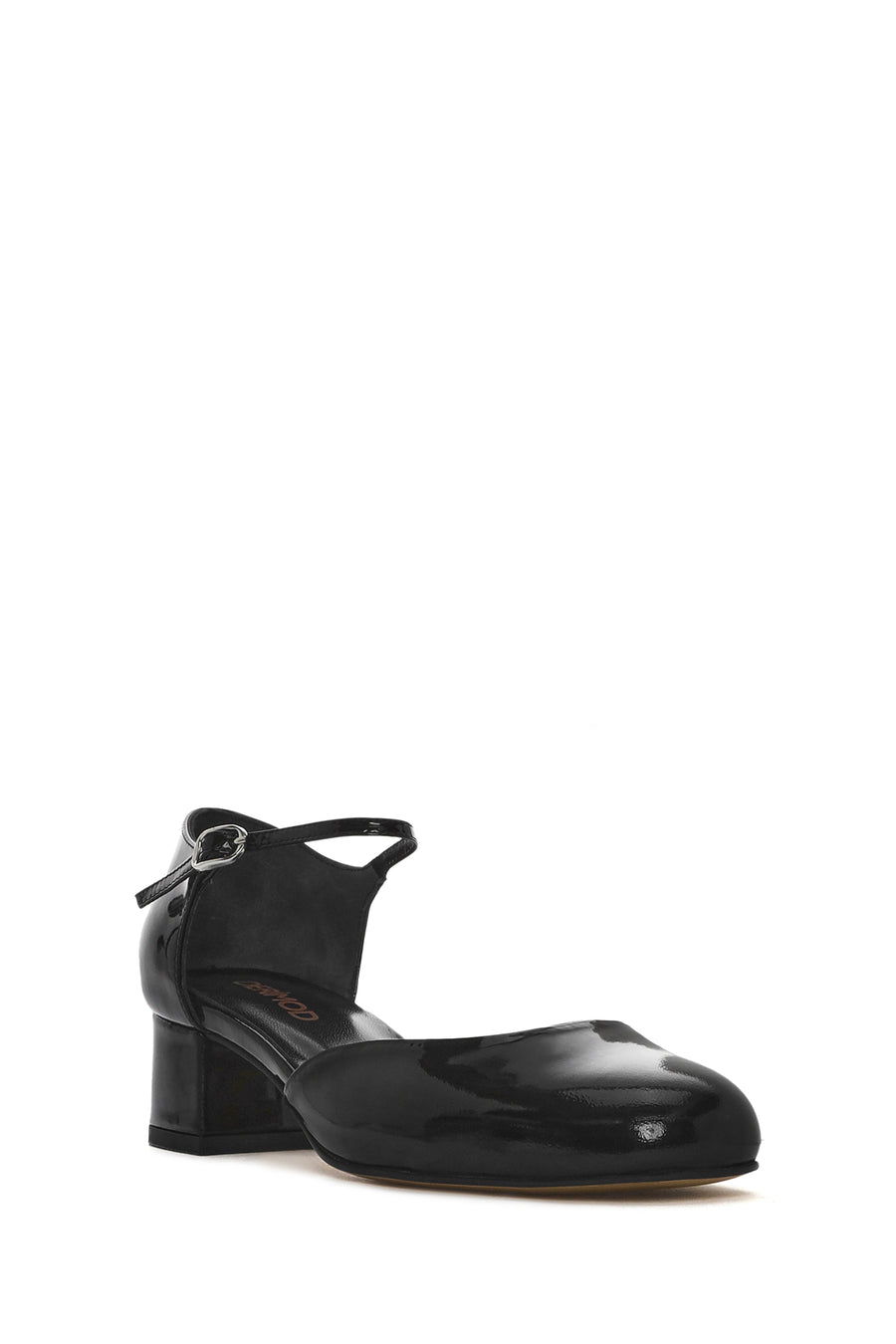 Women's Black Ankle Buckle Low Thick Heel Patent Leather Shoes