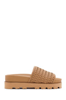 Women's Brown Knit Leather Slippers | Derimod