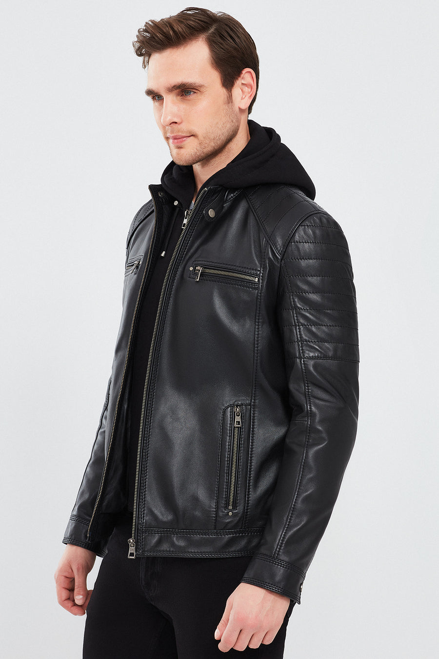 Sergio Men's Black Hooded Sports Leather Coat