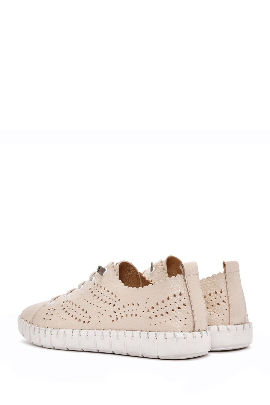 Woman Beige Laced Patterned Leather Comfort Shoes