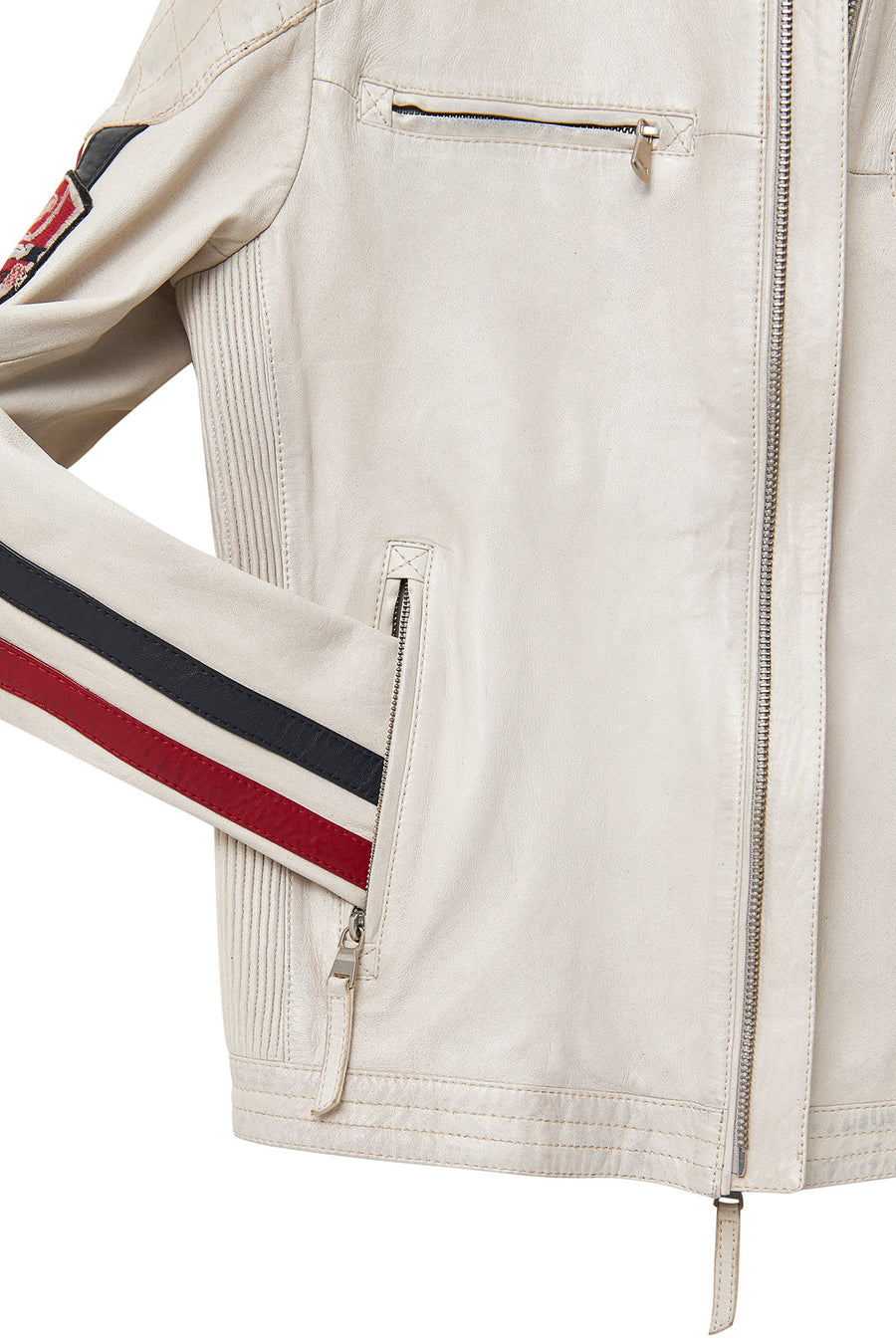 Storm Men's White Slim-Fit Leather Jacket with Emblem