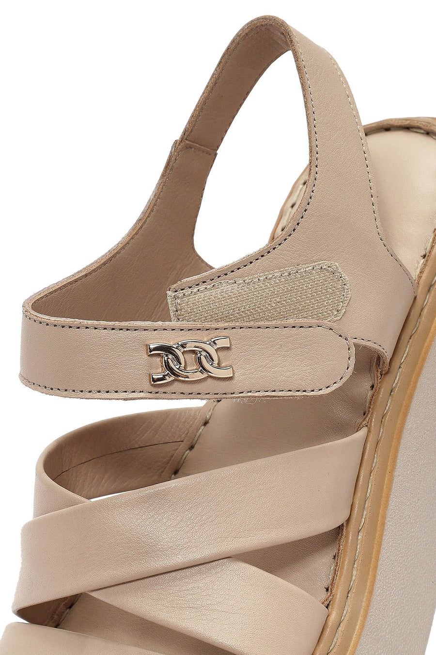 Women's Beige Ankle Strap Thick Soled Leather Comfort Sandals