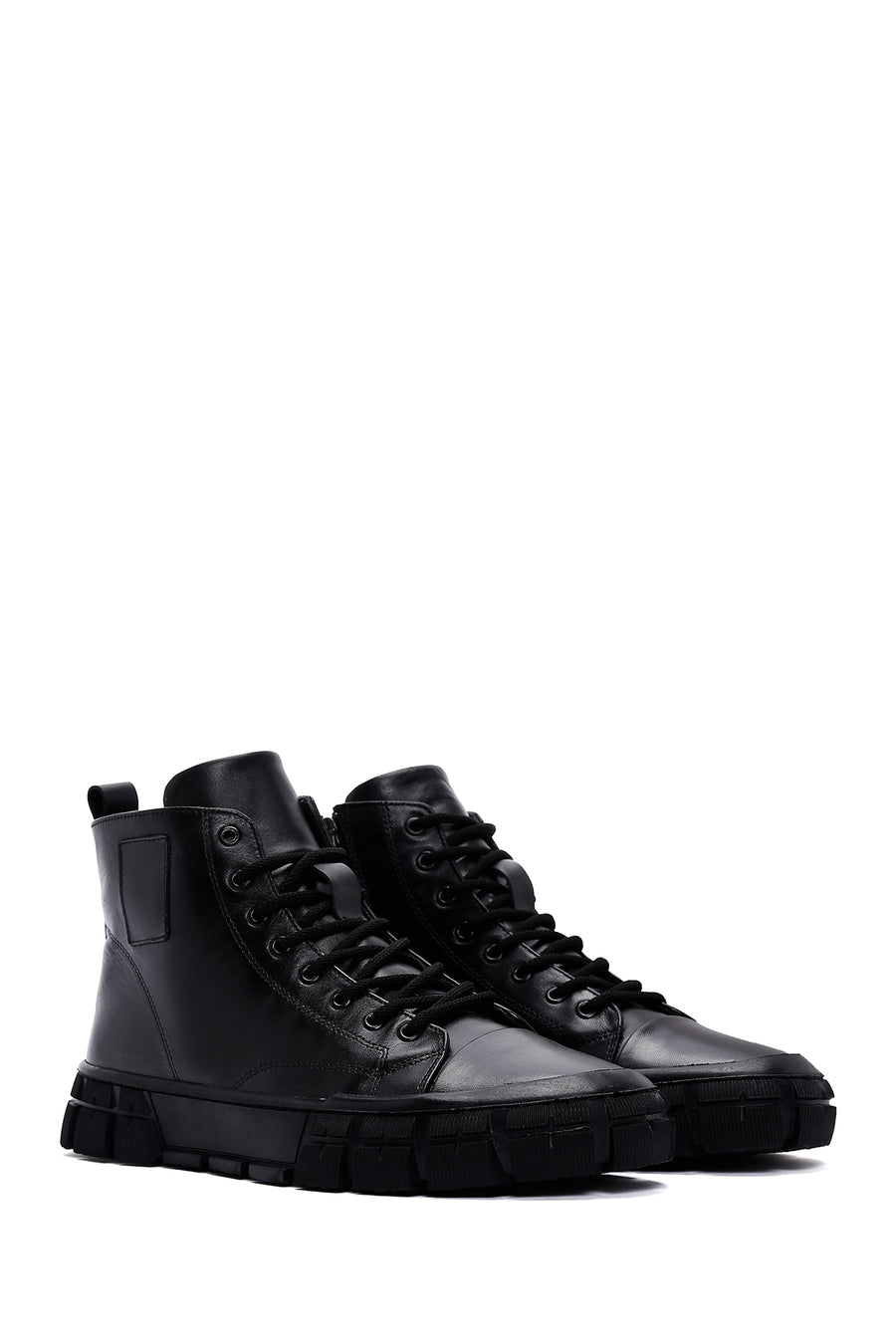 Men's Black Lace-Up Zippered Leather Boots
