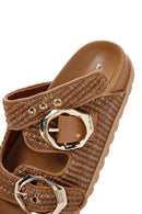 Women's Tan Double Buckle Straw Slippers | Derimod