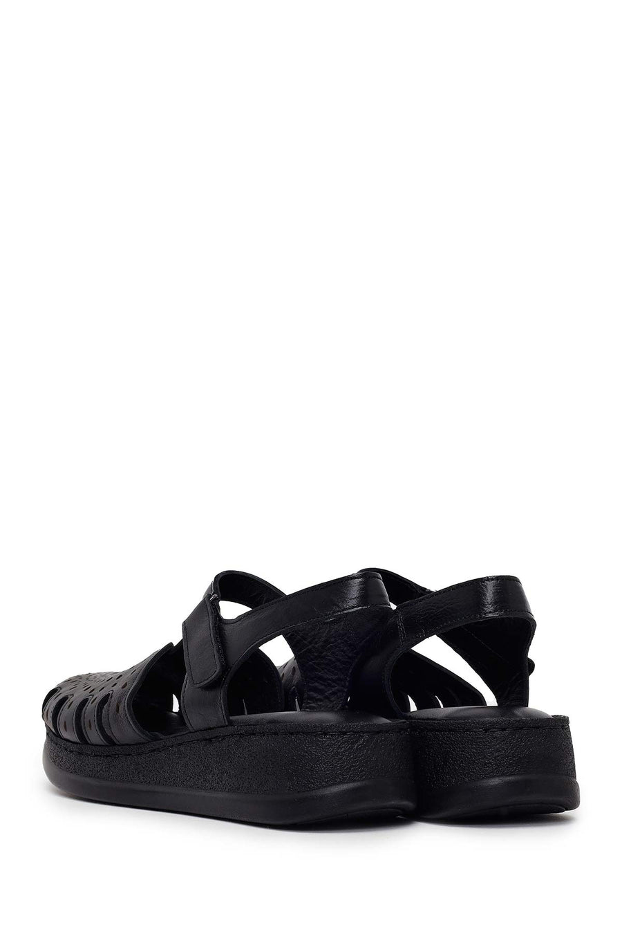 Woman Black Patterned Thick-Soled Leather Comfort Sandal