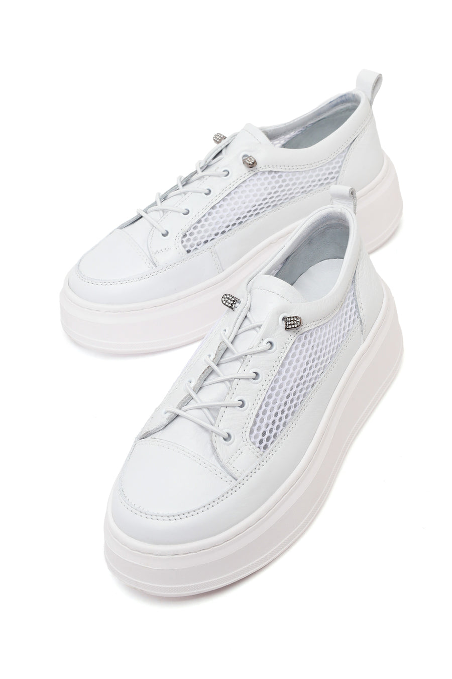 Woman White Lace-Up Thick-Soled Leather Sneaker