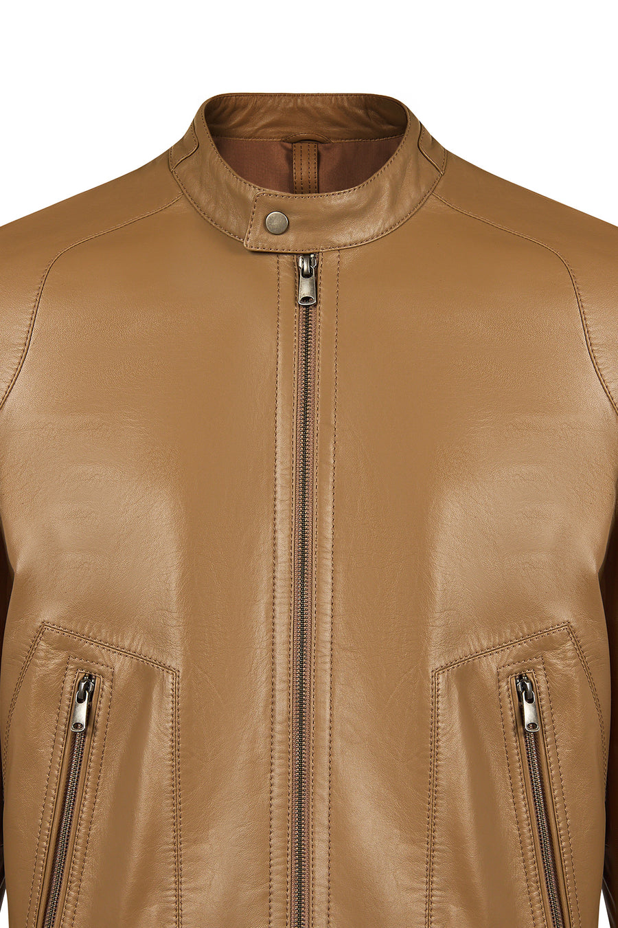 King Male Beige Mandarin Collar Leather Jacket