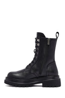 Woman Black Zippered Lace-Up Thick Sole Leather Postal Boots | Derimod