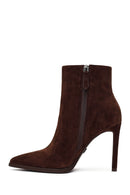 Woman Brown Zip Closure High Thin Heeled Suede Boots | Derimod