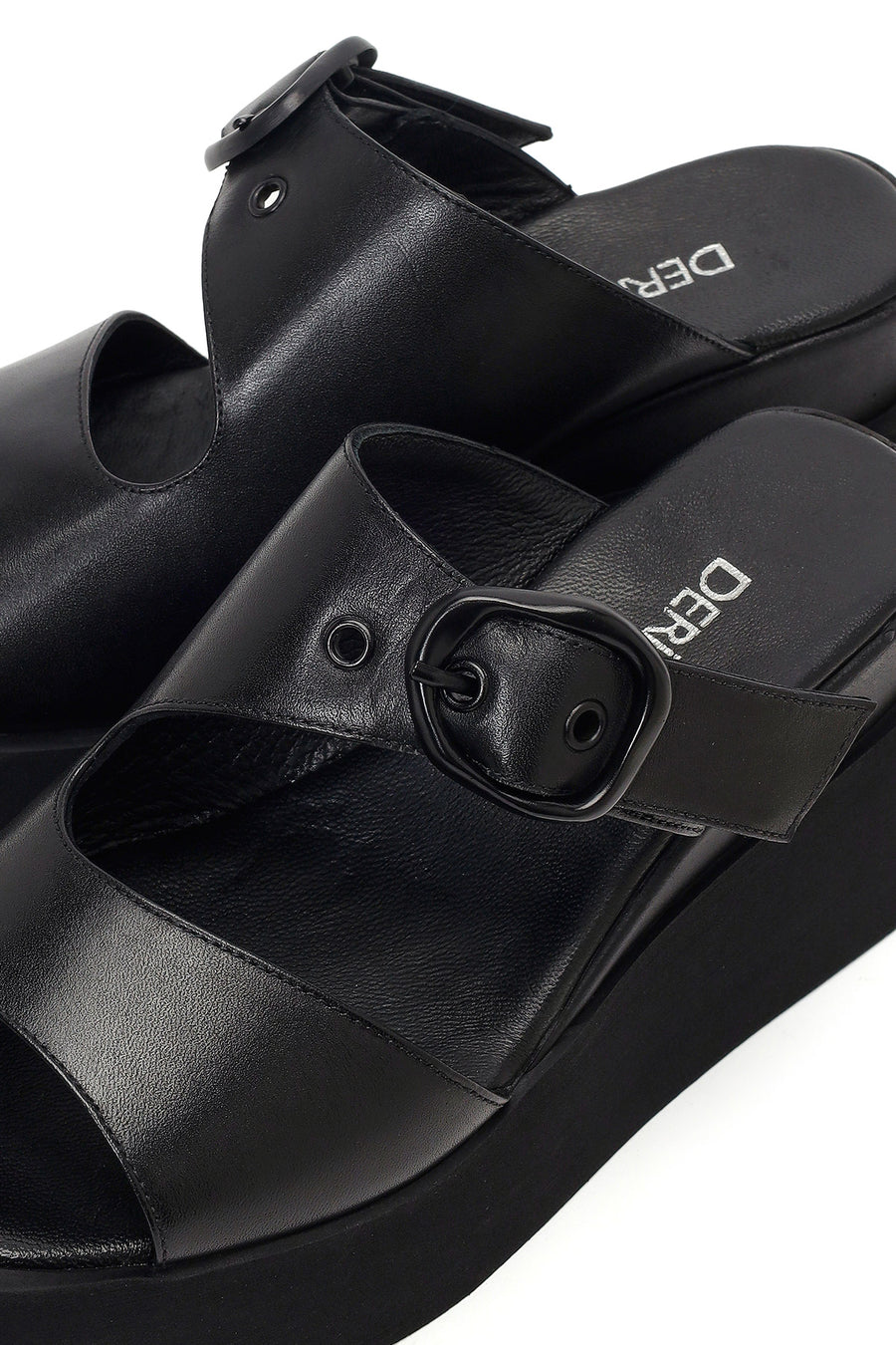 Women's Black Buckle Platform Leather Slippers
