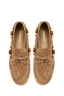 Women's Tan Suede Leather Loafer with Accessory Details | Derimod
