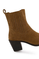 Woman Tan Zip Closure Chunky Heeled Suede Boots | Derimod