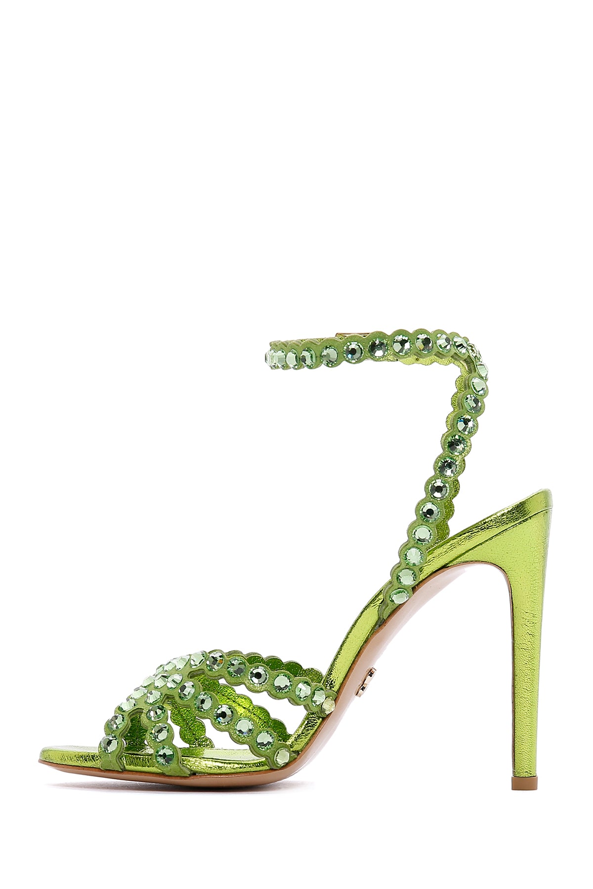 Kadın Yeşil Deri Bilekten Bağlamalı Taşlı Topuklu Sandalet