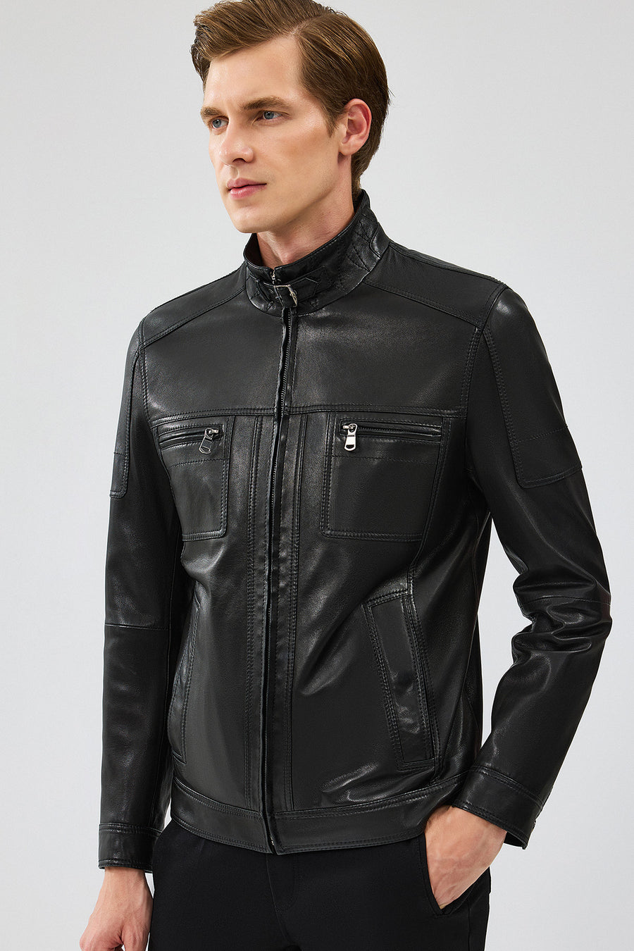 Wade Erkek Siyah Slim-Fit Deri Mont