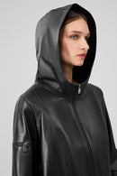 Cindy Women's Black Hooded Leather Coat | Derimod