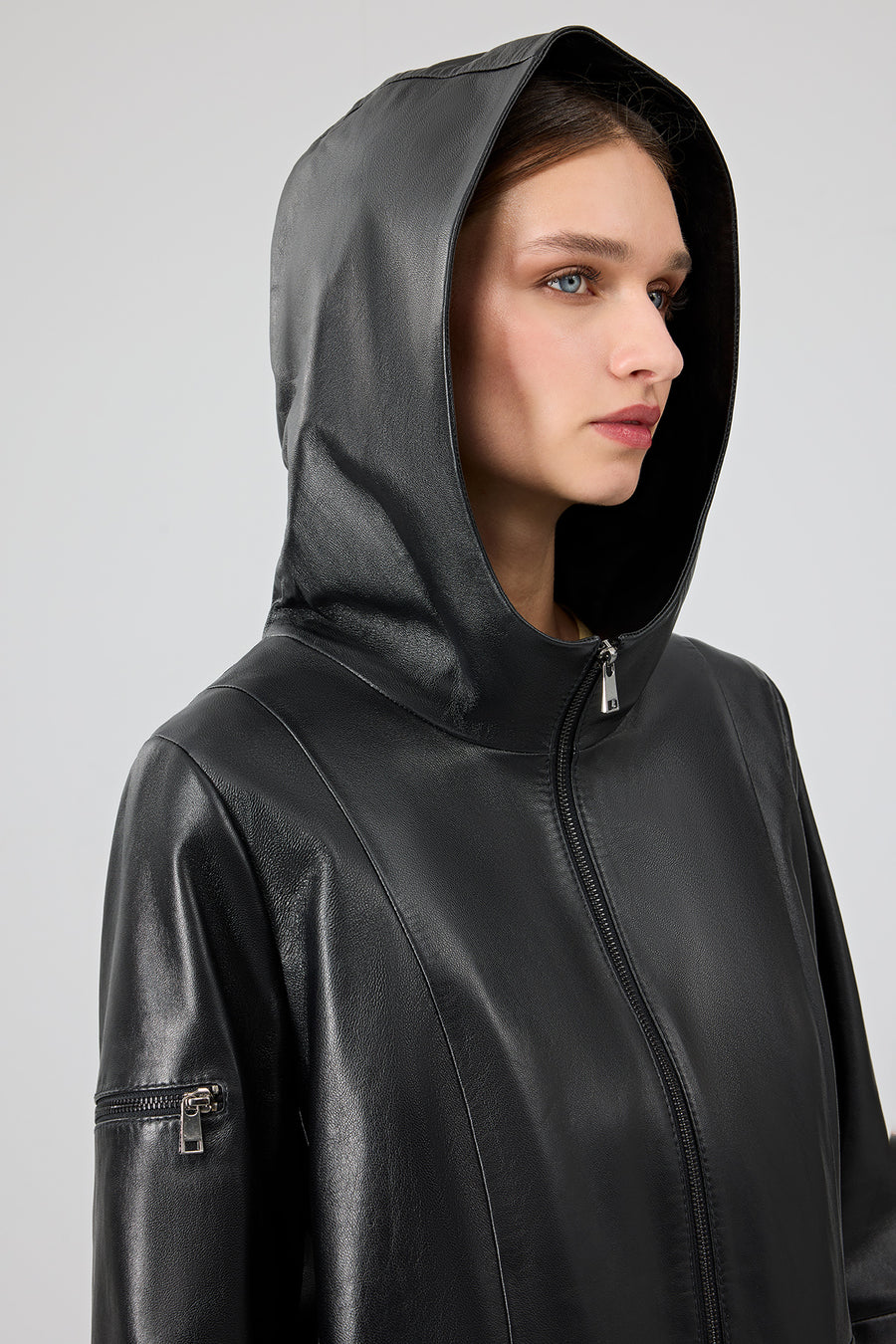 Cindy Women's Black Hooded Leather Coat