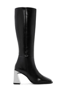 Women's Black Zippered High Heel Leather Boots | Derimod