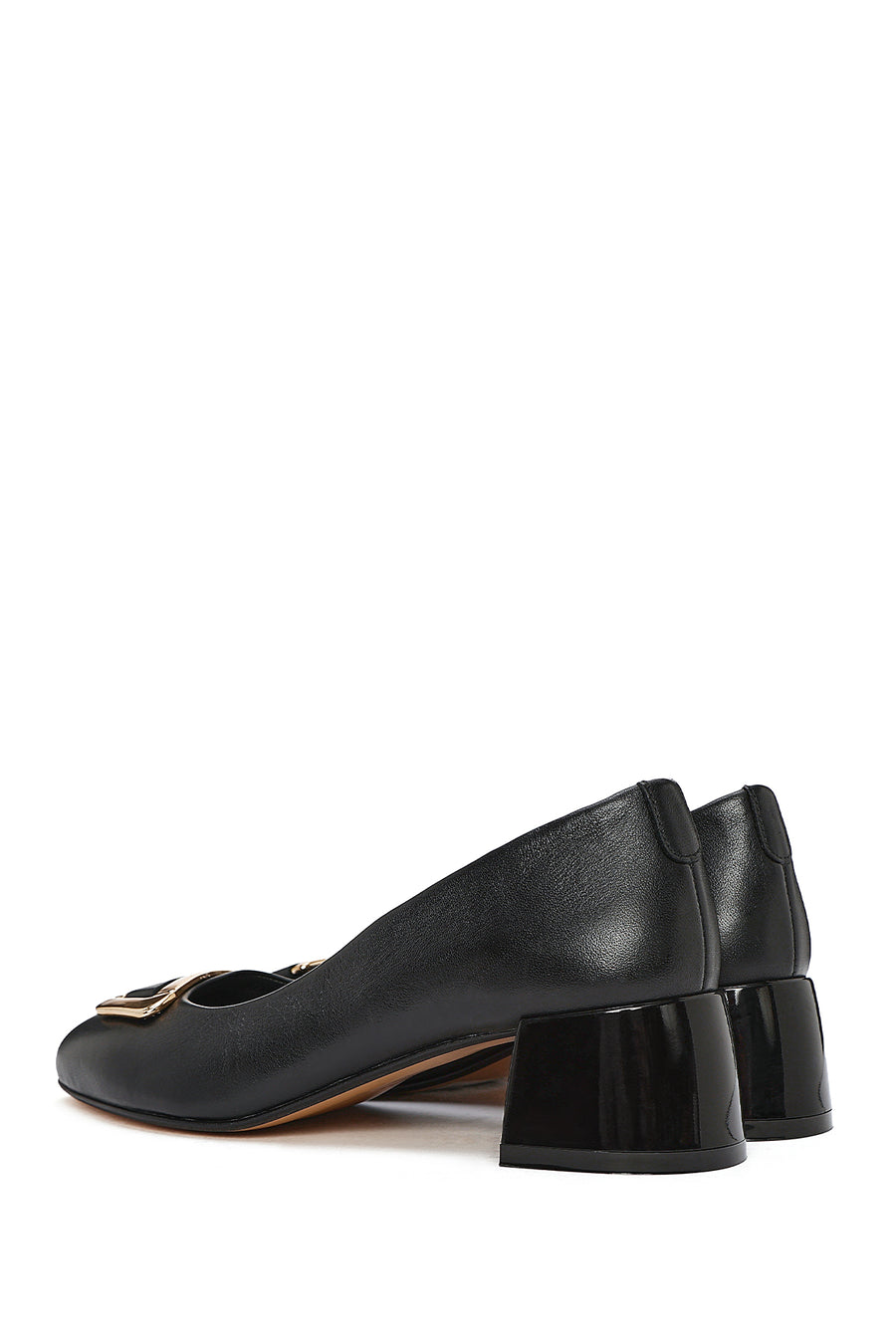 Women's Black Buckle Detailed Low Thick Heel Leather Shoes