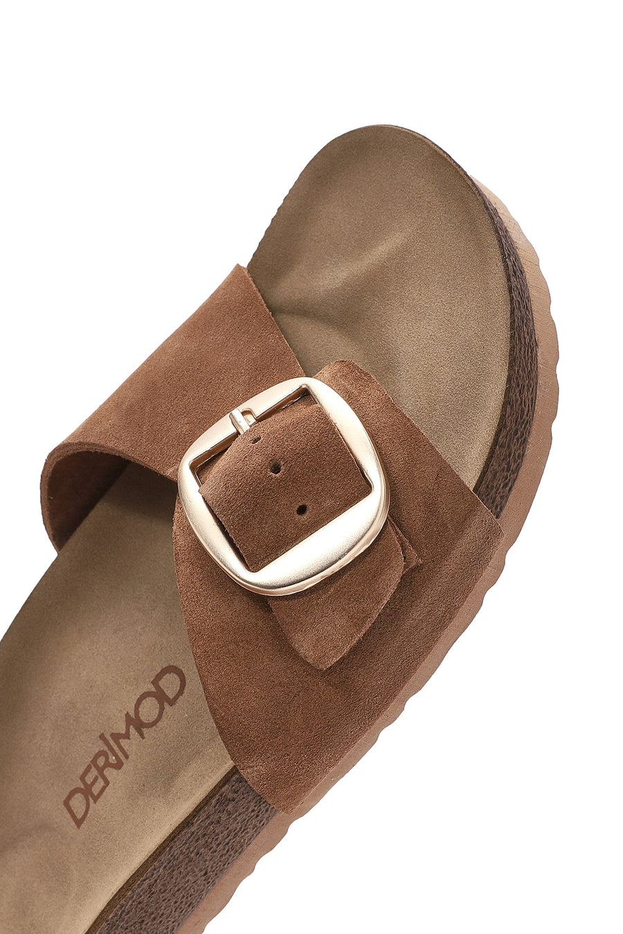 Women's Brown Buckle Suede Leather Slippers