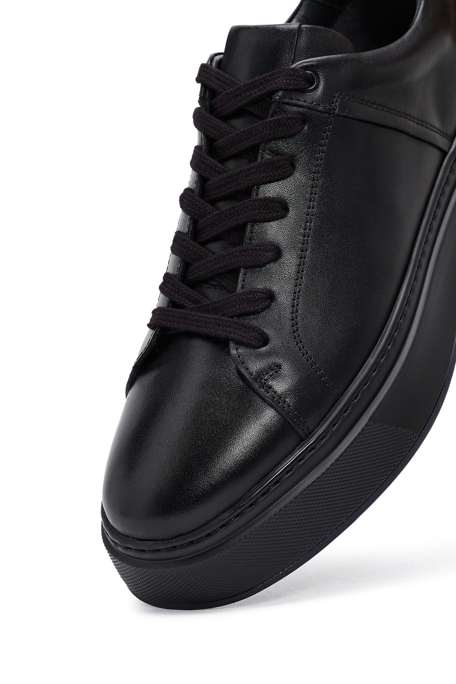 Erkek Siyah Bağcıklı Kalın Tabanlı Deri Sneaker