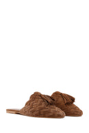 Women's Tan Suede Leather Knitted Flat Slippers | Derimod