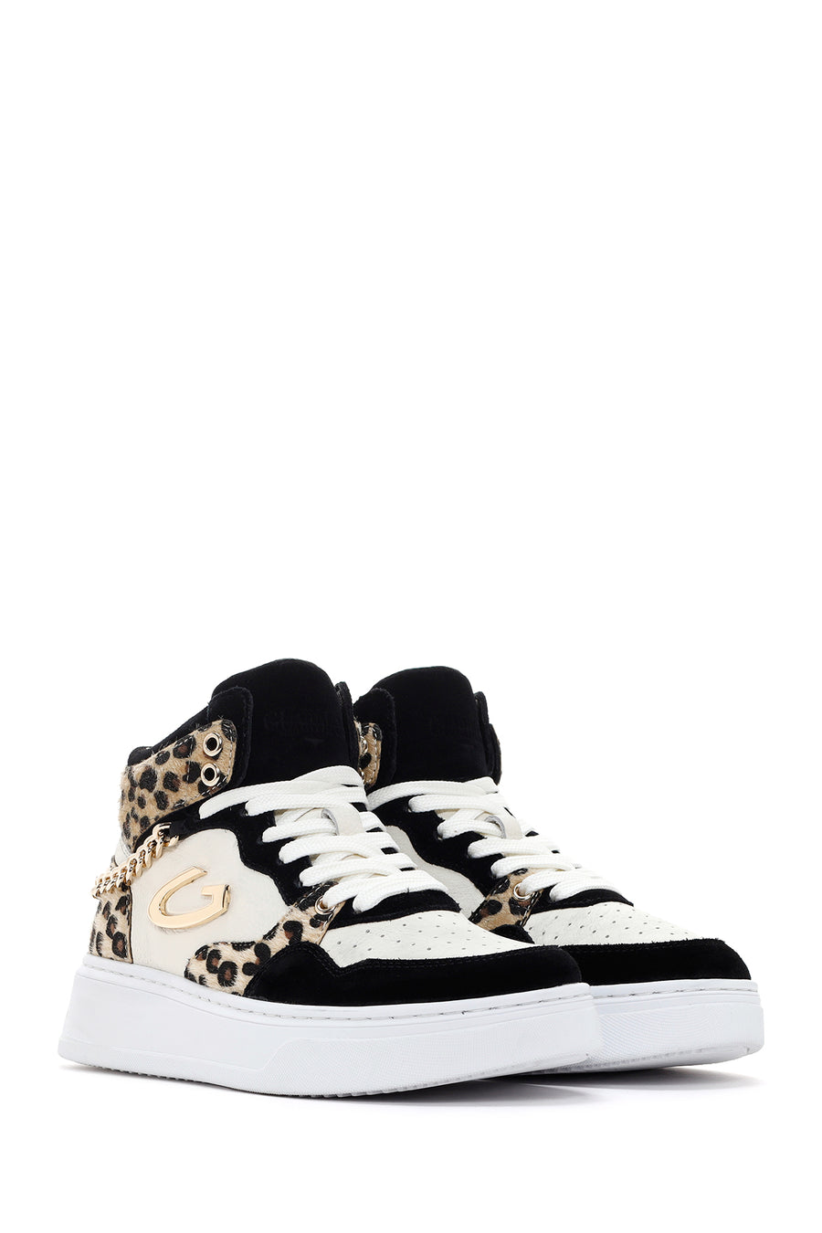 Alberto Guardiani Women's Black White Leopard Leather Thick Sole High Top Sneaker