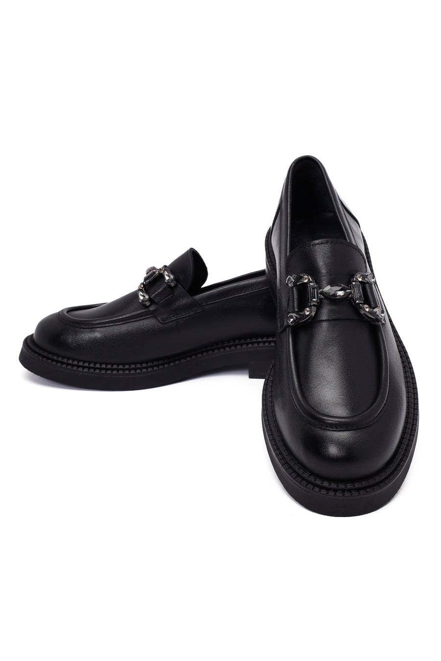 Woman Black Buckled Leather Masculine Loafer