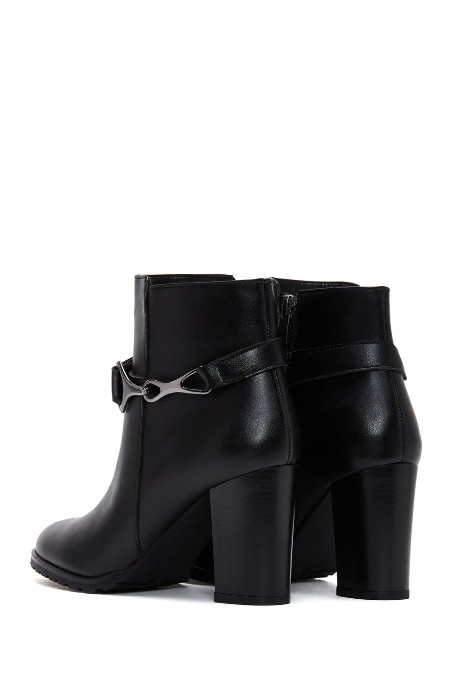 Women's Black Zippered Buckle Heeled Boots