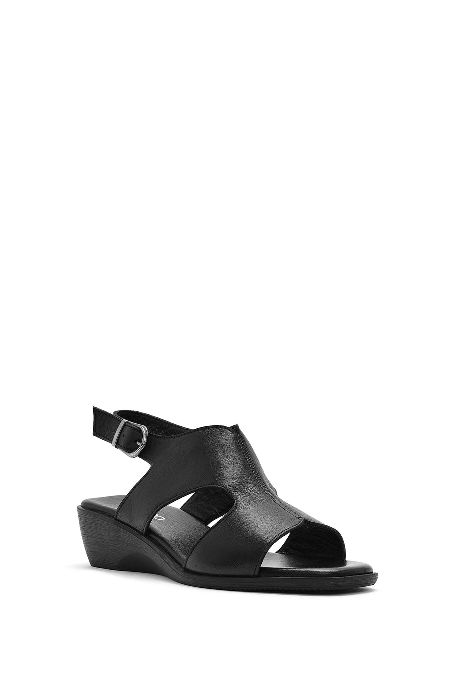Women's Black Wedge Heeled Leather Sandals