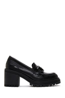 Women's Black Leather Heeled Loafer | Derimod