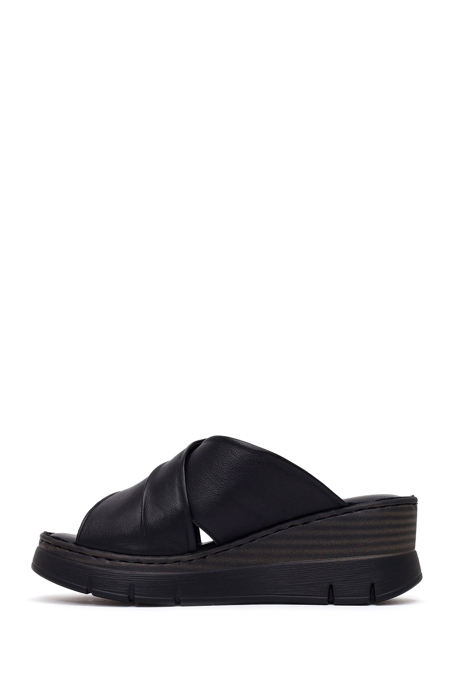 Woman Black Wedge Leather Comfort Slippers