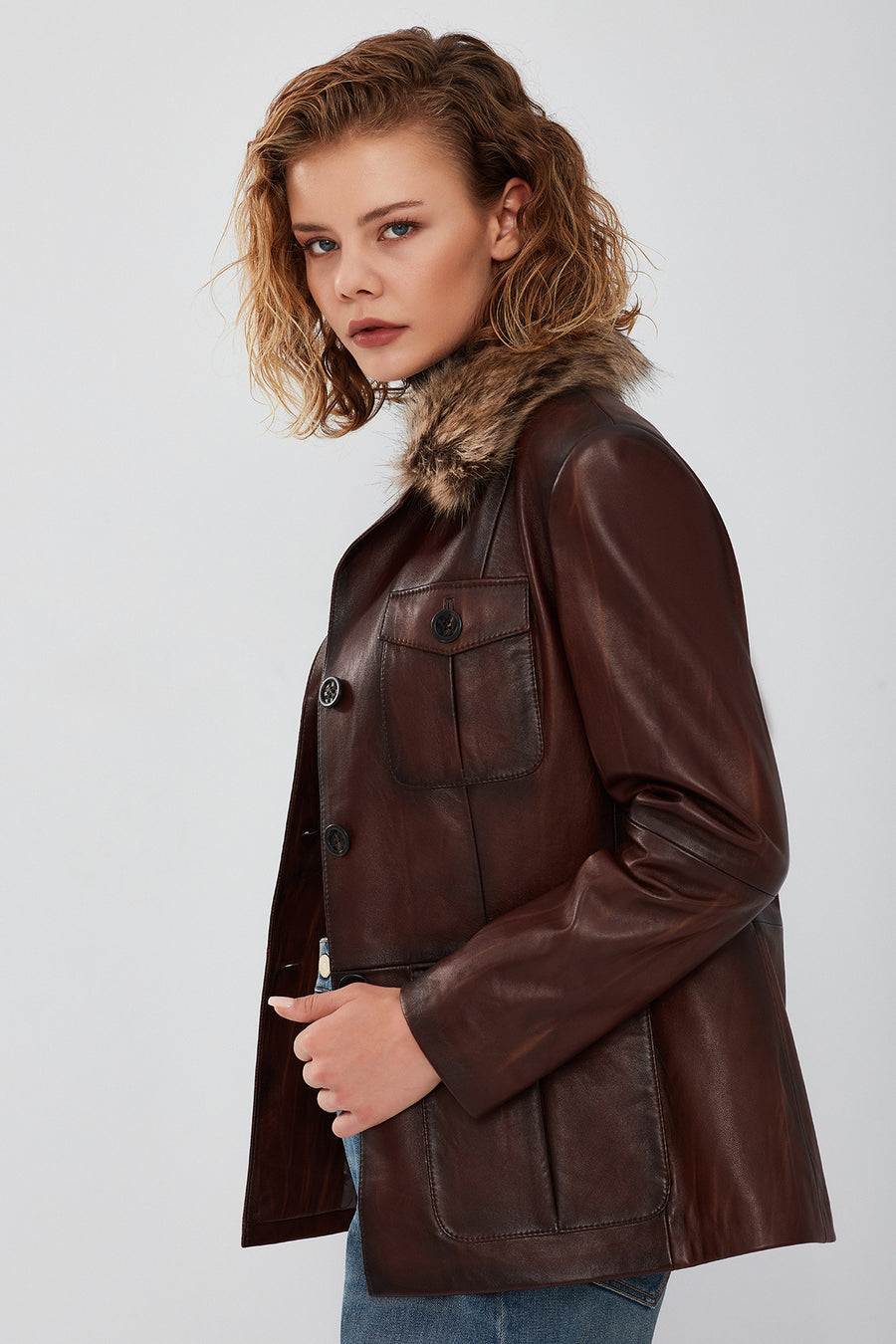Anais Women's Brown Fur Collar Blazer Leather Jacket